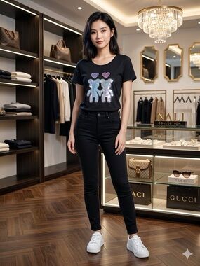 Nali Collection Black Short-Sleeve Sequin Teddy Tee